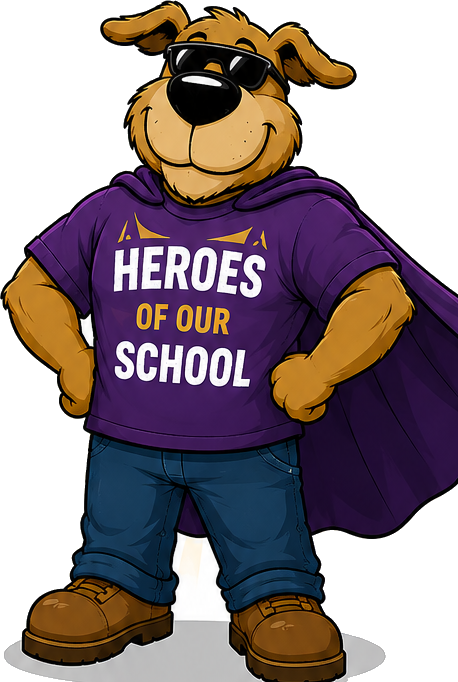 The Watch D.O.G.S. mascot, a bulldog in sunglasses and a Heroes of Our School shirt